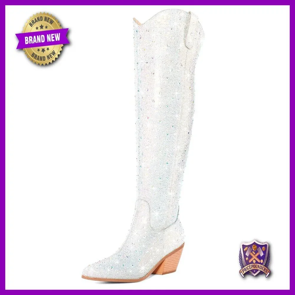 Sparkly Rhinestone Over the Knee Cowboy Boots Chunky Heel Pointed Toe Western